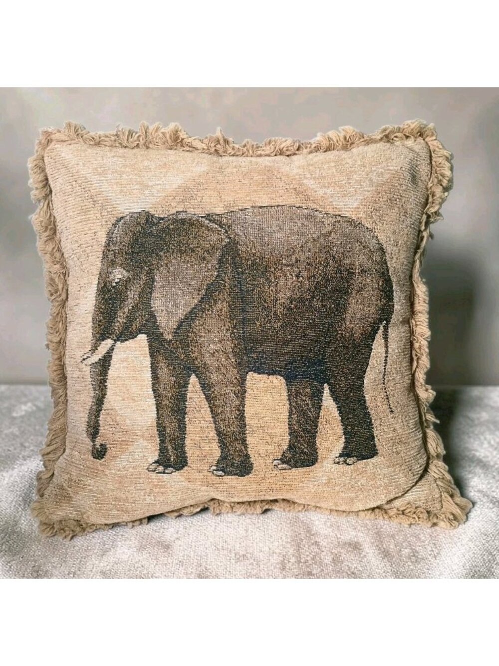 Harlequin Elephant Tapestry Velour Throw Pillow Fringe 18 x 18 Safari Jungle
